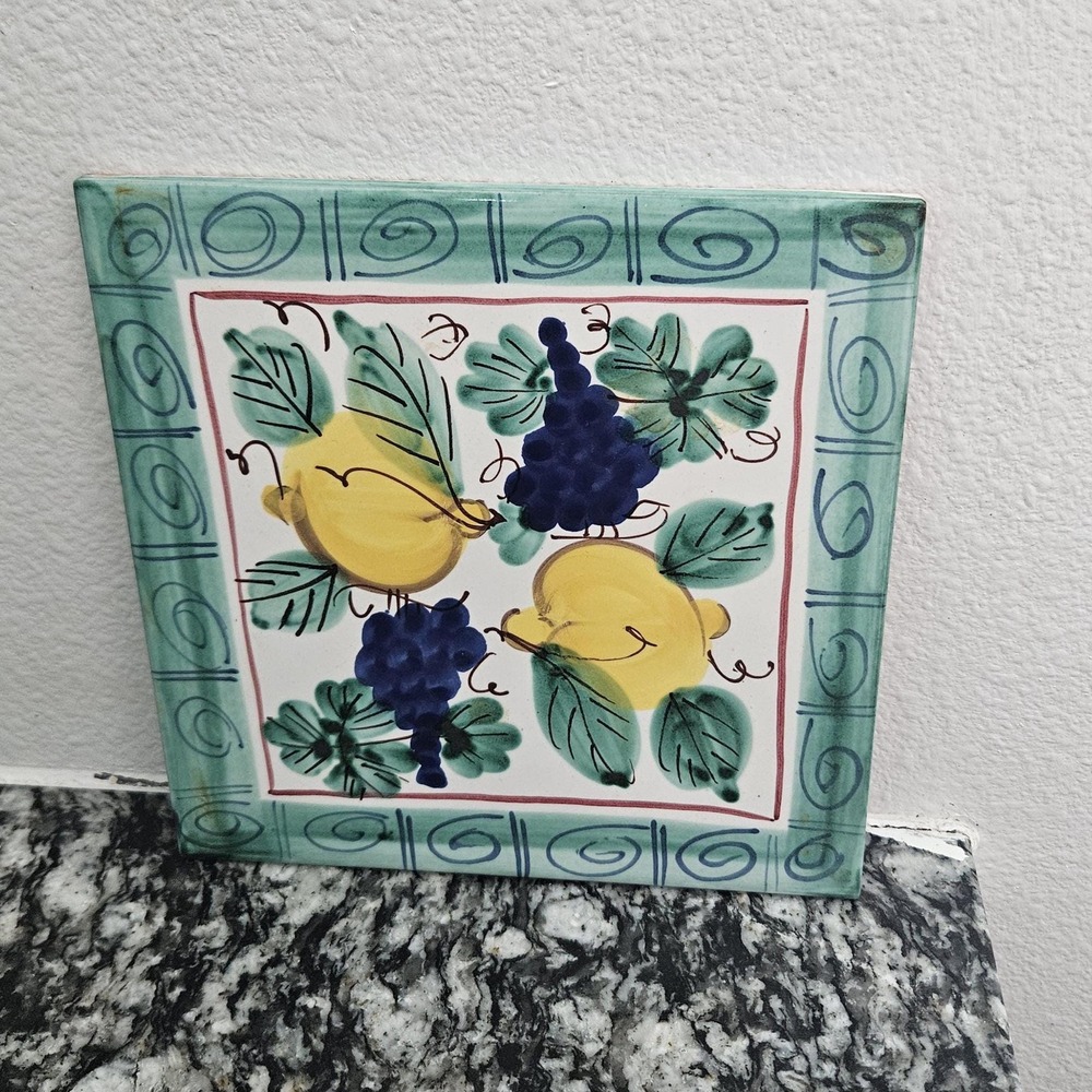 Italy ceramic‎ tile trivet traditional Tuscan fruit lemons and grapes 8x8in